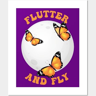 Flutter and Fly monarch butterflies on glowing moon Posters and Art